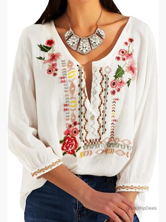 Tops - Women's Embroidered Tunic Bohemian Peasant Blouse 3/4 Sleeve Rayon